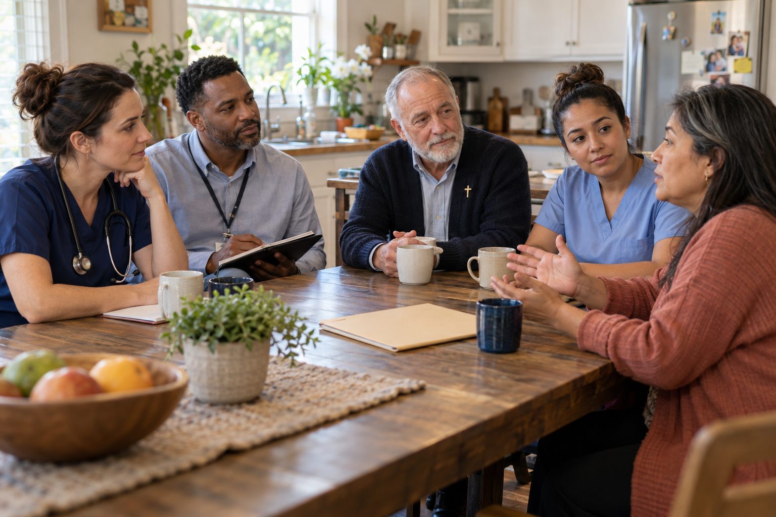 A Cairo Hospice nurse, social worker, chaplain and aide talking together around a kitchen table.
